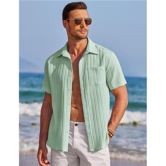 Mens Shirts Short Sleeve Button Down Mint Green